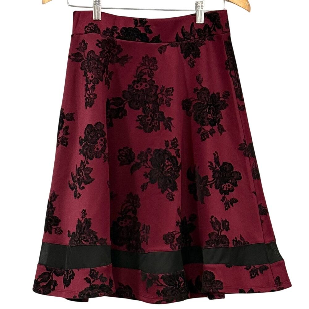 Dark Romantic Flocked Floral Skater Skirt Burgundy Black Coquette M Monteau Mini
